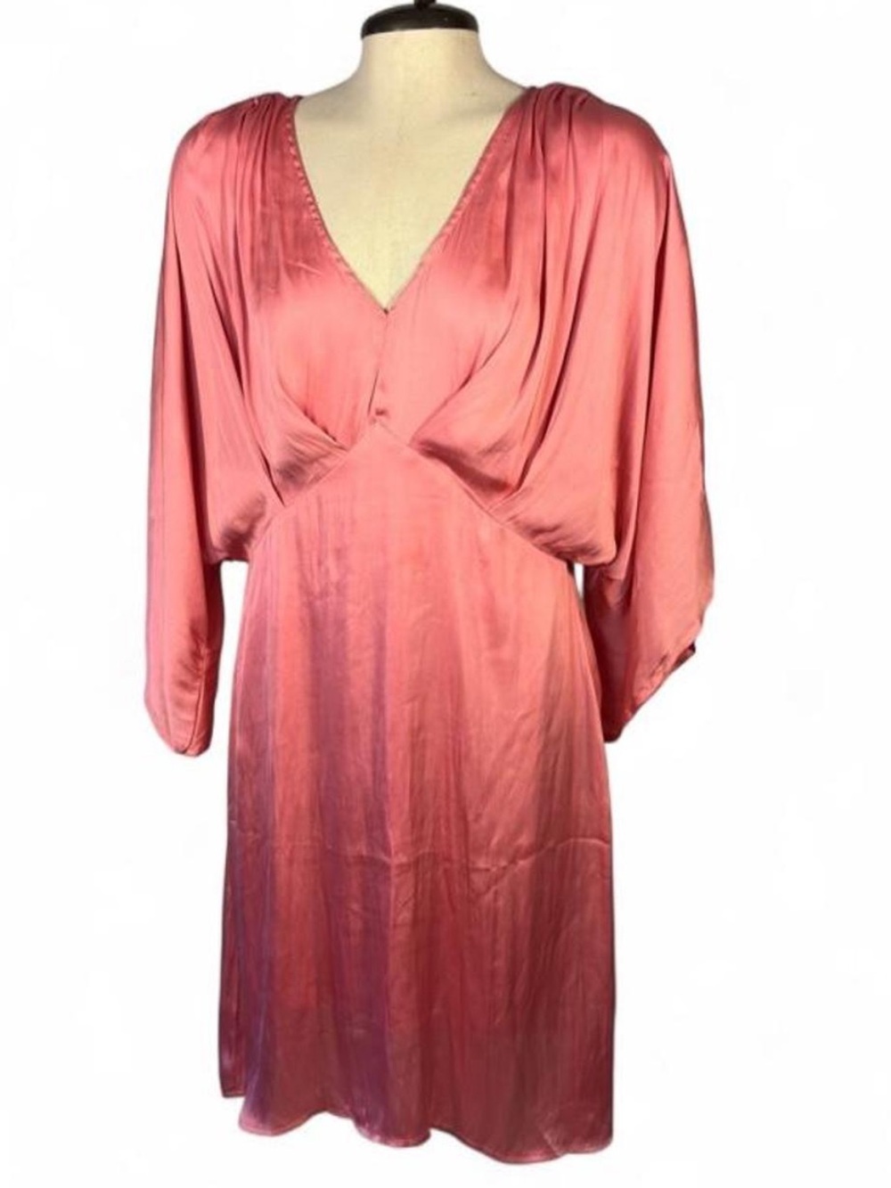 One One Six Pink Satin Mini Dress Draped V Neck Dolman Sleeve Silky Size Large